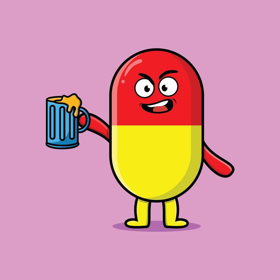 mascote dos desenhos animados da medicina da cápsula com copo de cerveja vetor