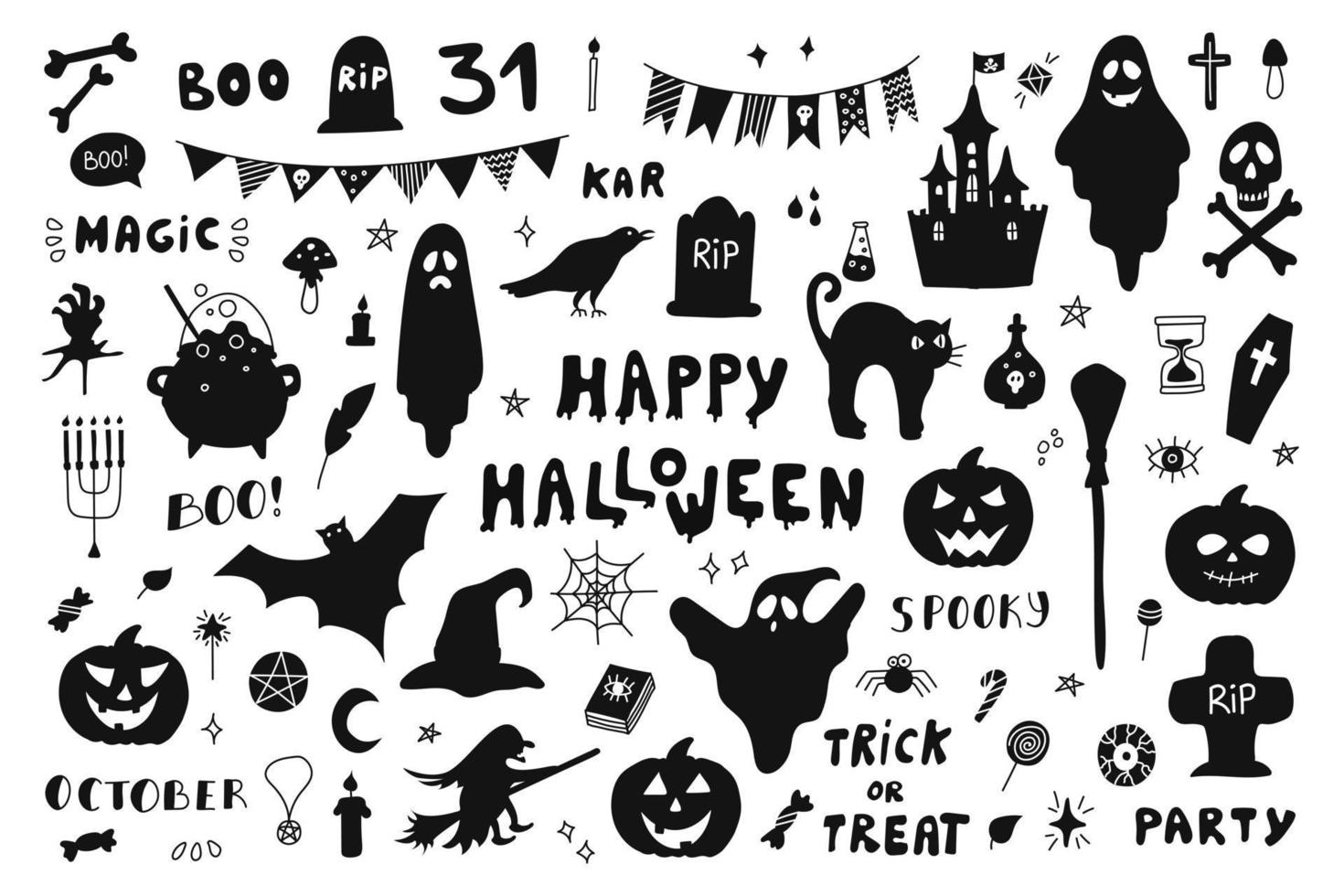 conjunto de silhuetas para halloween em fundo branco. ilustração vetorial com personagens, decoração de cartões postais, panfletos, cartazes vetor