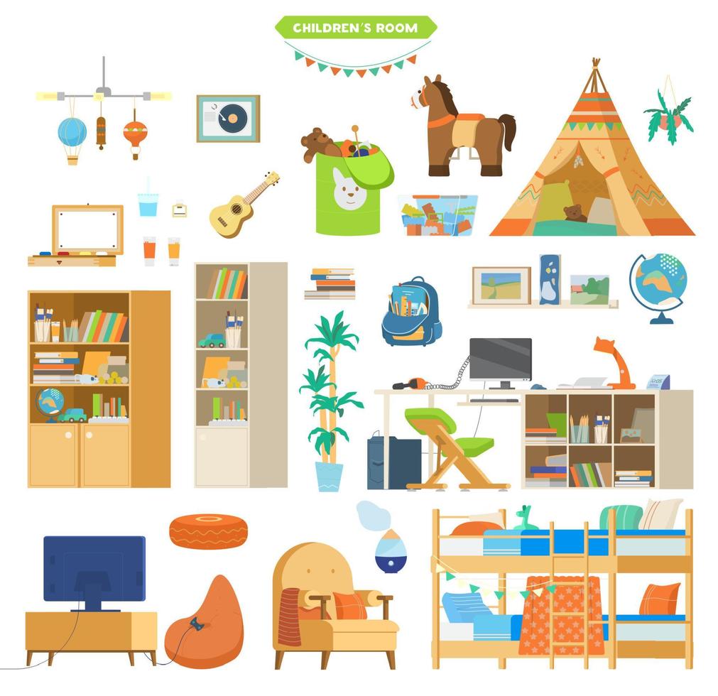 conjunto de vetores plano de elementos interiores de quarto infantil ou adolescente. móveis de madeira, wigwam, brinquedos, local de trabalho, tv e computador, materiais de arte, elementos de decoração.