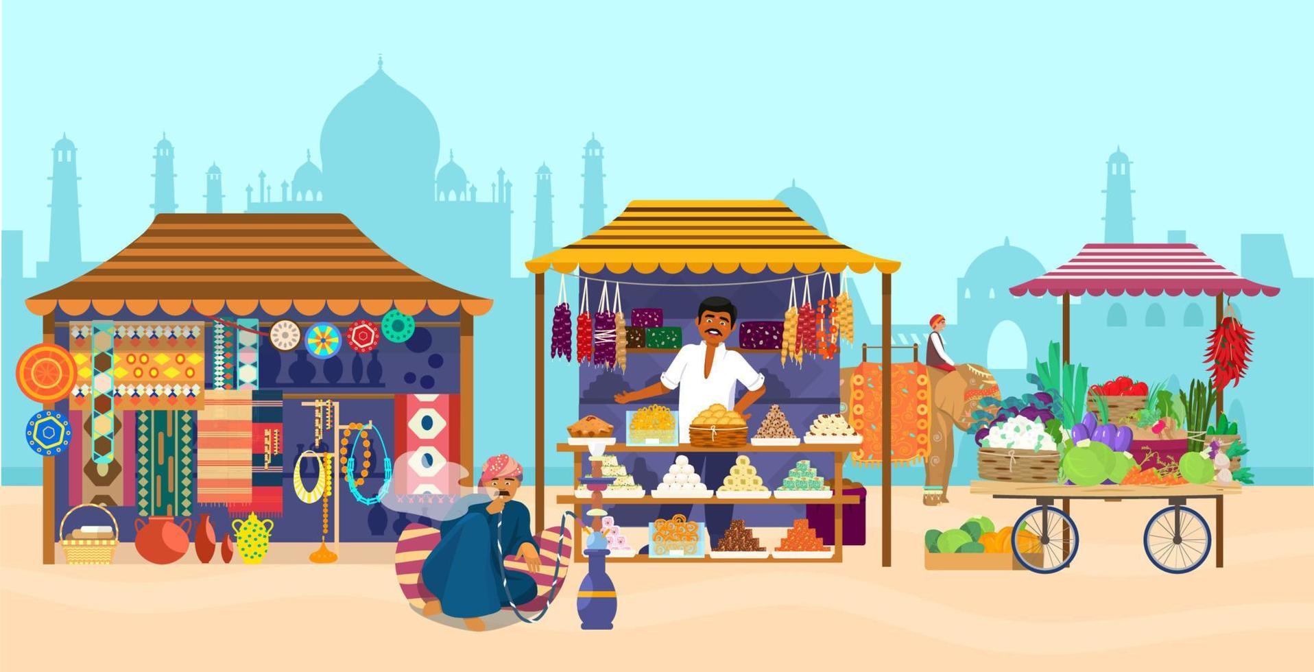ilustração vetorial do mercado asiático com diferentes lojas e pessoas. cavaleiro de elefante, silhueta de taj mahal, loja de souvenirs, loja de doces, cerâmica, tapetes, tecidos, legumes, cachimbo de água. vetor