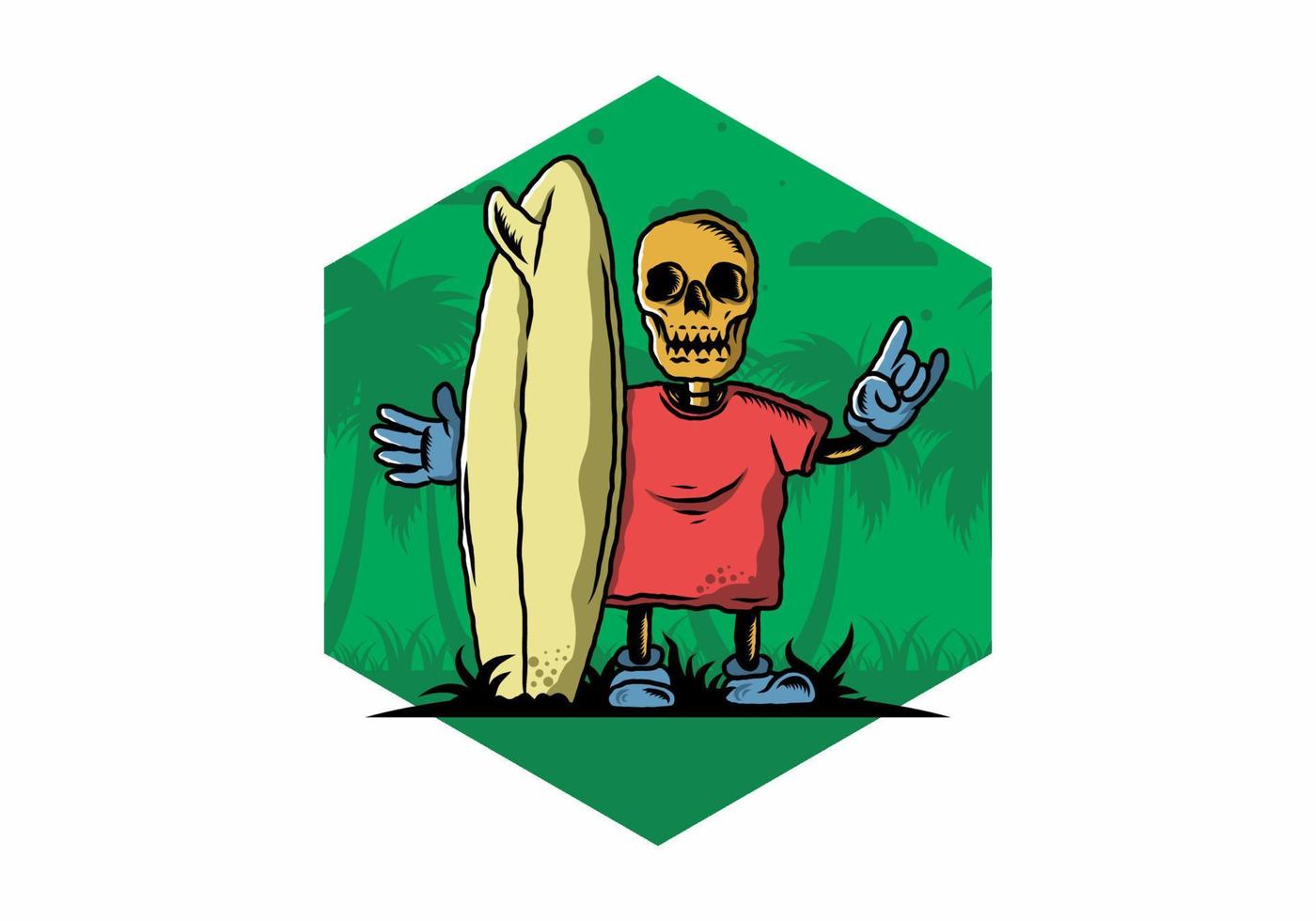 pequena caveira segurando um design de ilustração de prancha de surf vetor