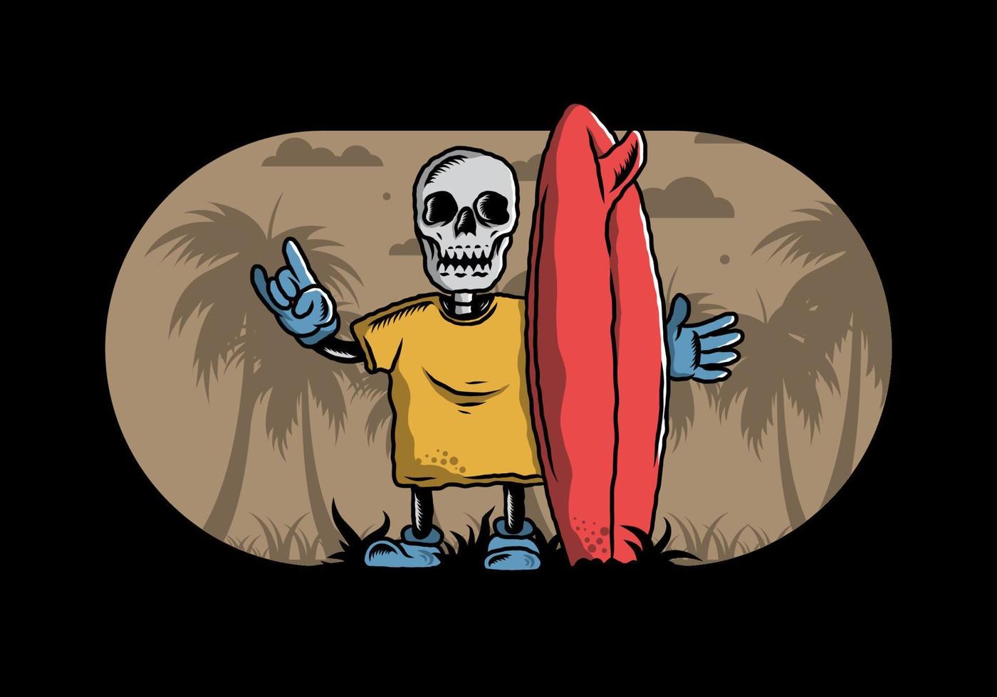 pequena caveira segurando um design de ilustração de prancha de surf vetor