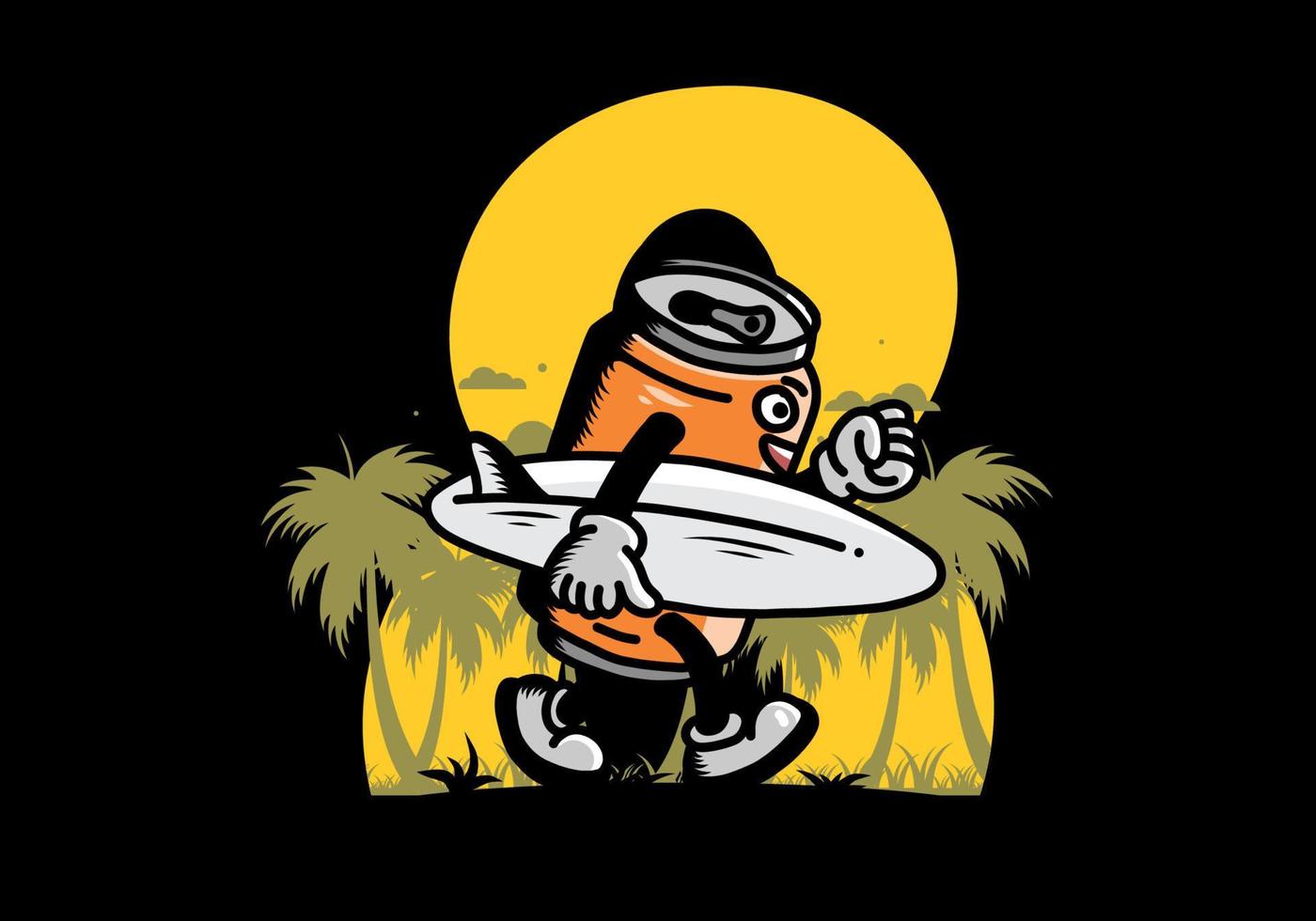 ilustração de uma lata de bebida segurando uma prancha de surf vetor