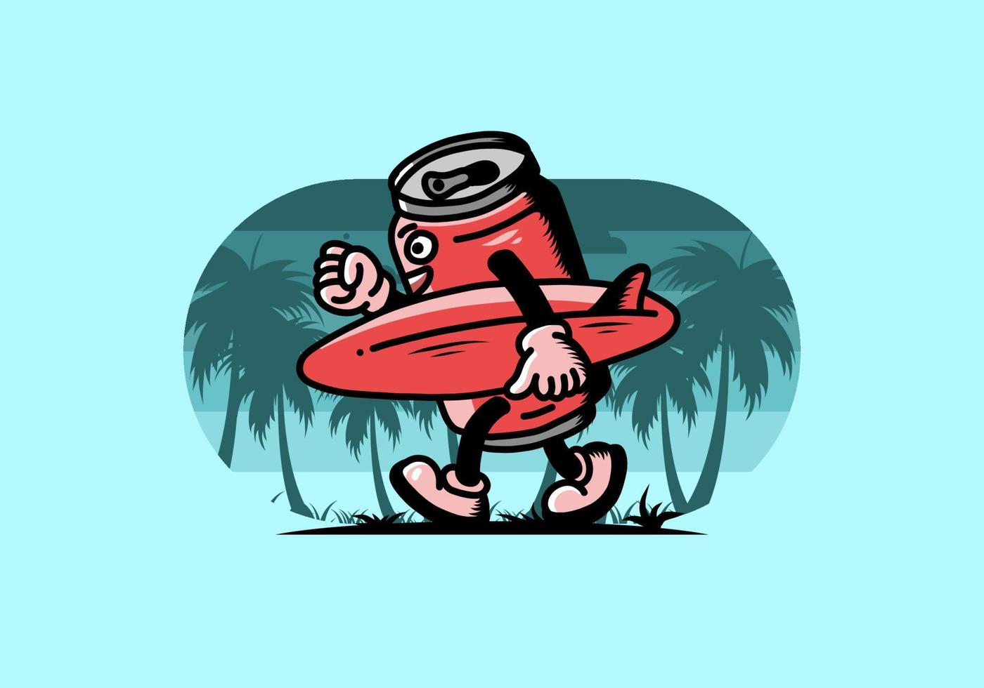 ilustração de uma lata de bebida segurando uma prancha de surf vetor