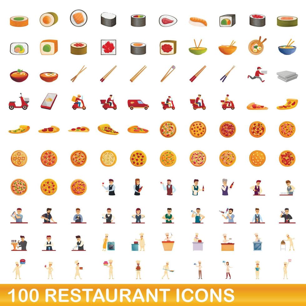 conjunto de 100 ícones de restaurante, estilo cartoon vetor