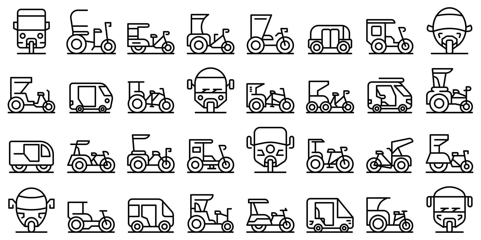 ícones trishaw definir vetor de contorno. bicicleta pedicab