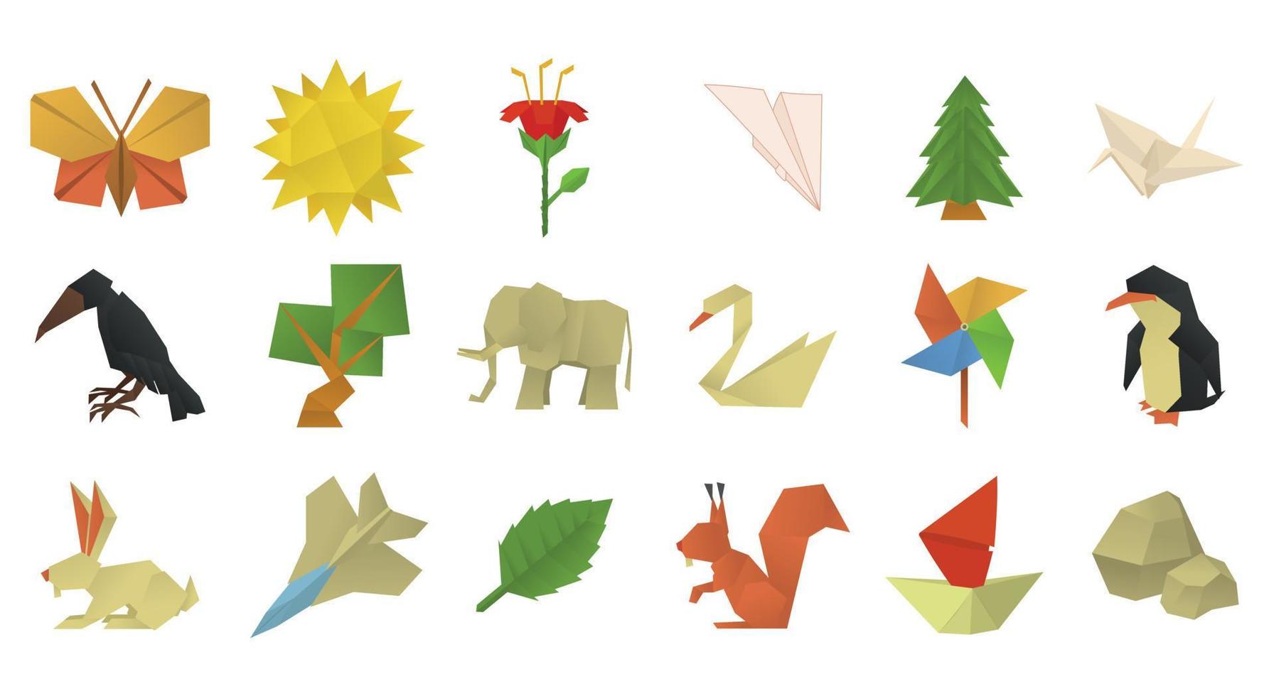 conjunto de ícones de origami, estilo cartoon vetor