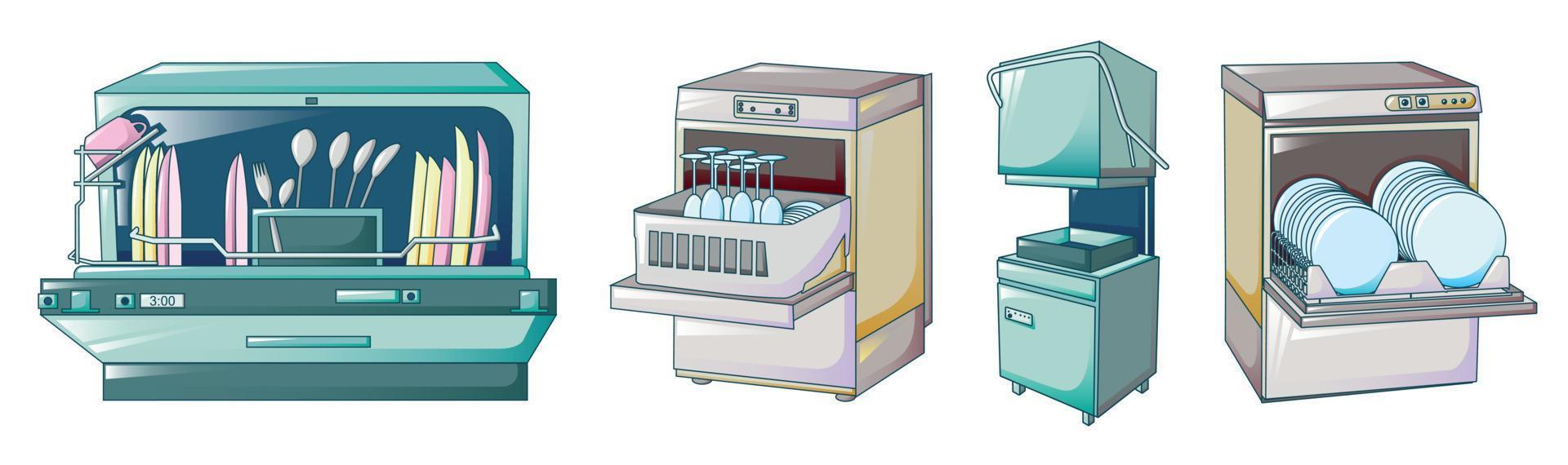 conjunto de ícones de máquina de lavar louça, estilo cartoon vetor