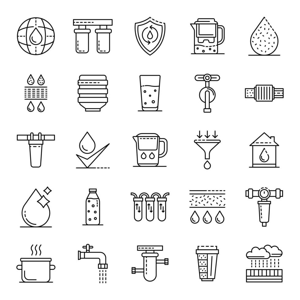conjunto de ícones de água de filtro, estilo de estrutura de tópicos vetor