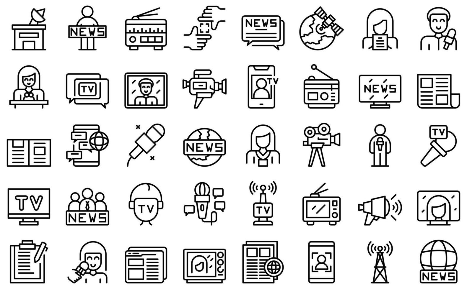 ícones de repórter de tv definir vetor de contorno. estúdio de tv