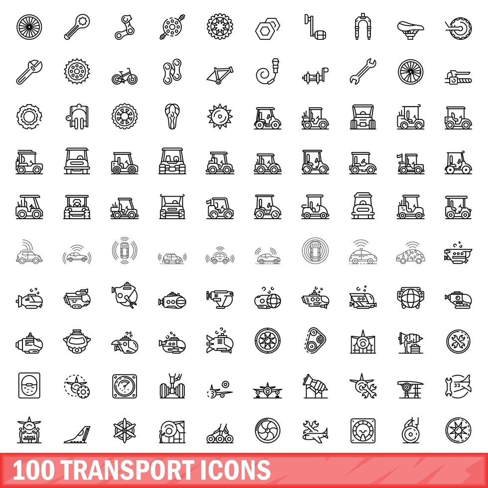 conjunto de 100 ícones de transporte, estilo de estrutura de tópicos vetor