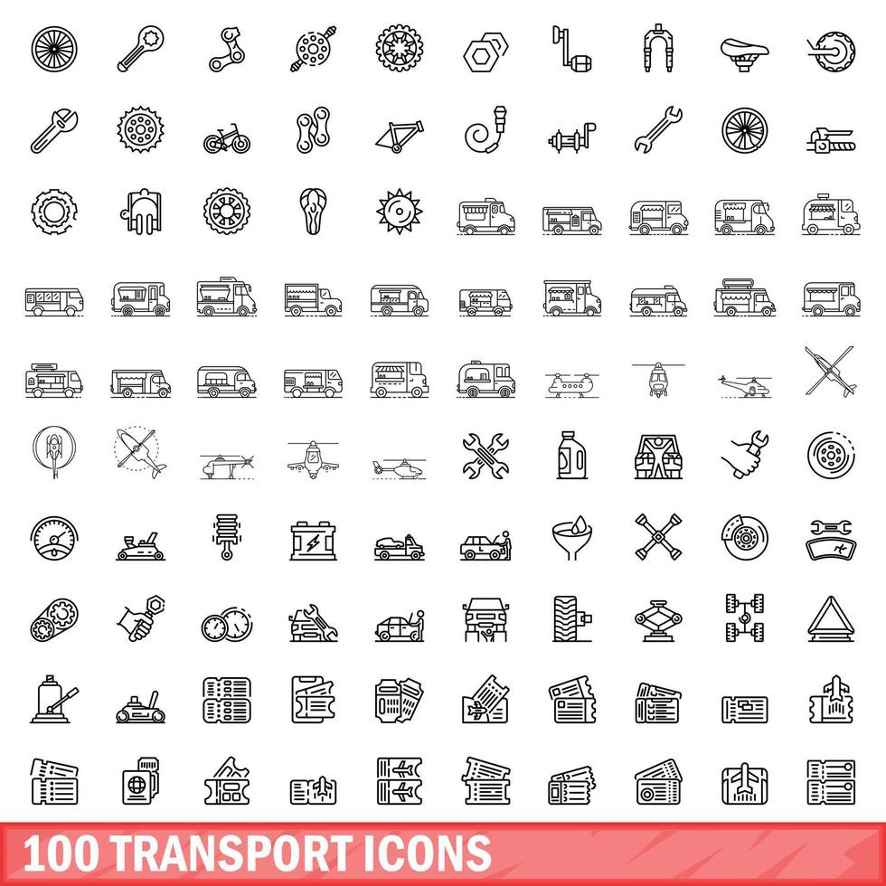 conjunto de 100 ícones de transporte, estilo de estrutura de tópicos vetor