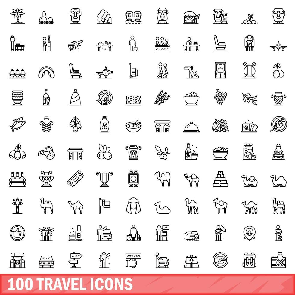 conjunto de 100 ícones de viagem, estilo de contorno vetor