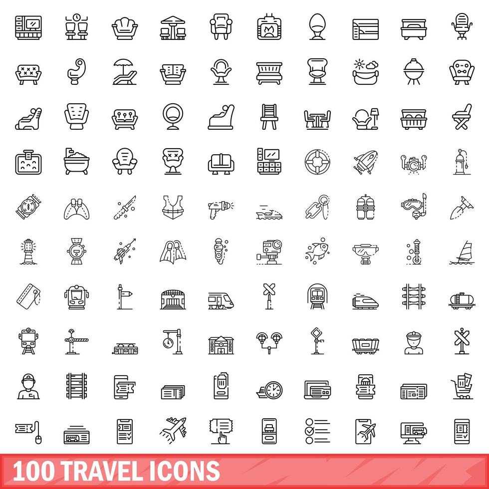 conjunto de 100 ícones de viagem, estilo de contorno vetor