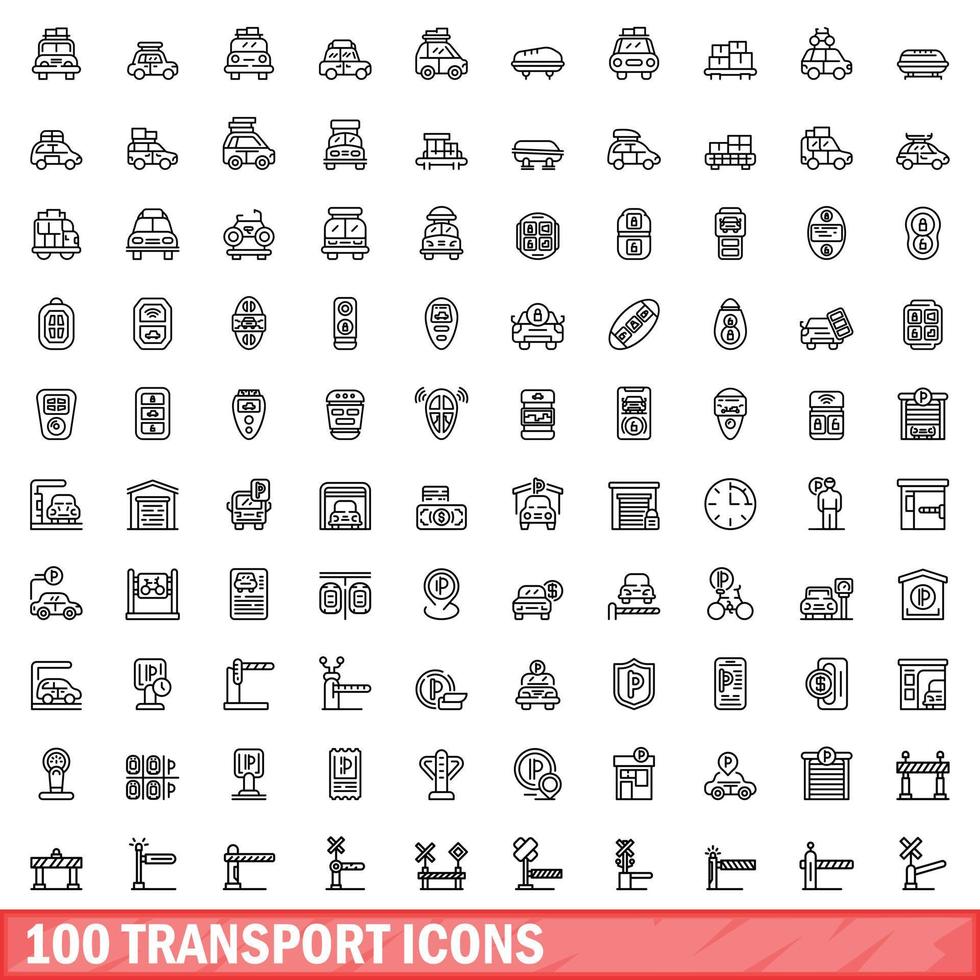 conjunto de 100 ícones de transporte, estilo de estrutura de tópicos vetor