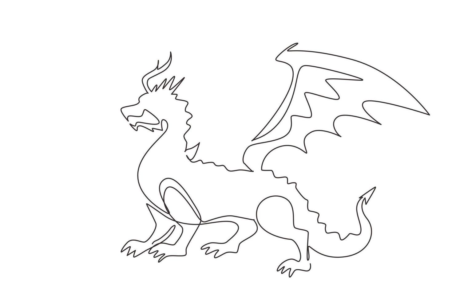 único desenho de uma linha dragão forte de conto de fadas, lagarto mágico com asas e serpente que cospe fogo. réptil medieval dragão voador. ilustração em vetor gráfico de desenho de linha contínua moderna