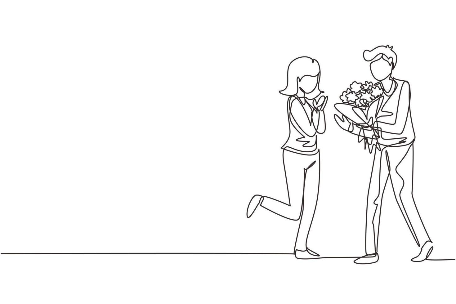 homem de desenho de linha contínua fazendo proposta de casamento com mulher com buquê. menino surpreende sua garota e dando flores. noivado e relacionamento amoroso. ilustração gráfica de vetor de design de linha única