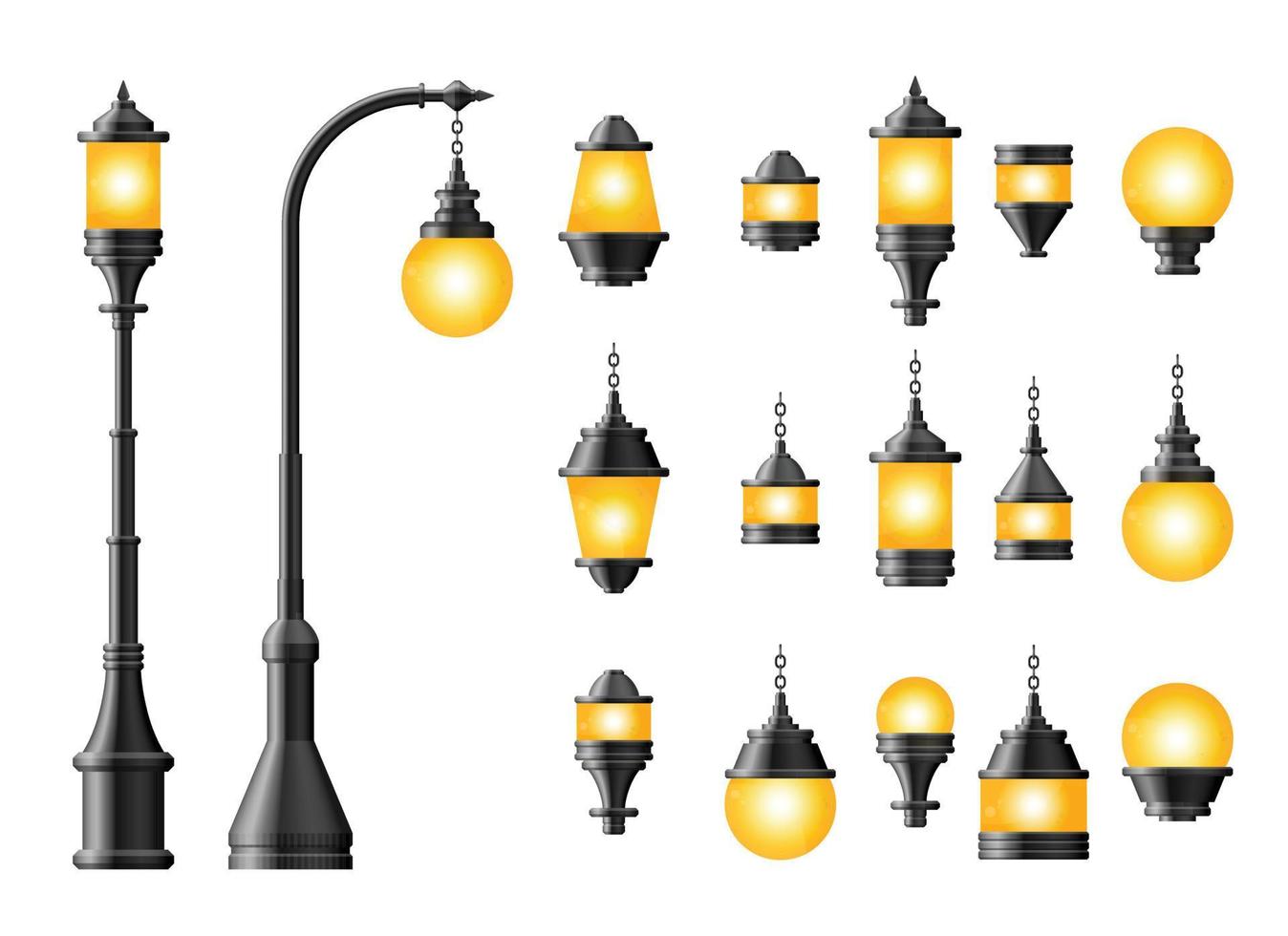 conjunto de luz de rua realista preta. lâmpada de rua. lâmpada vintage vetor