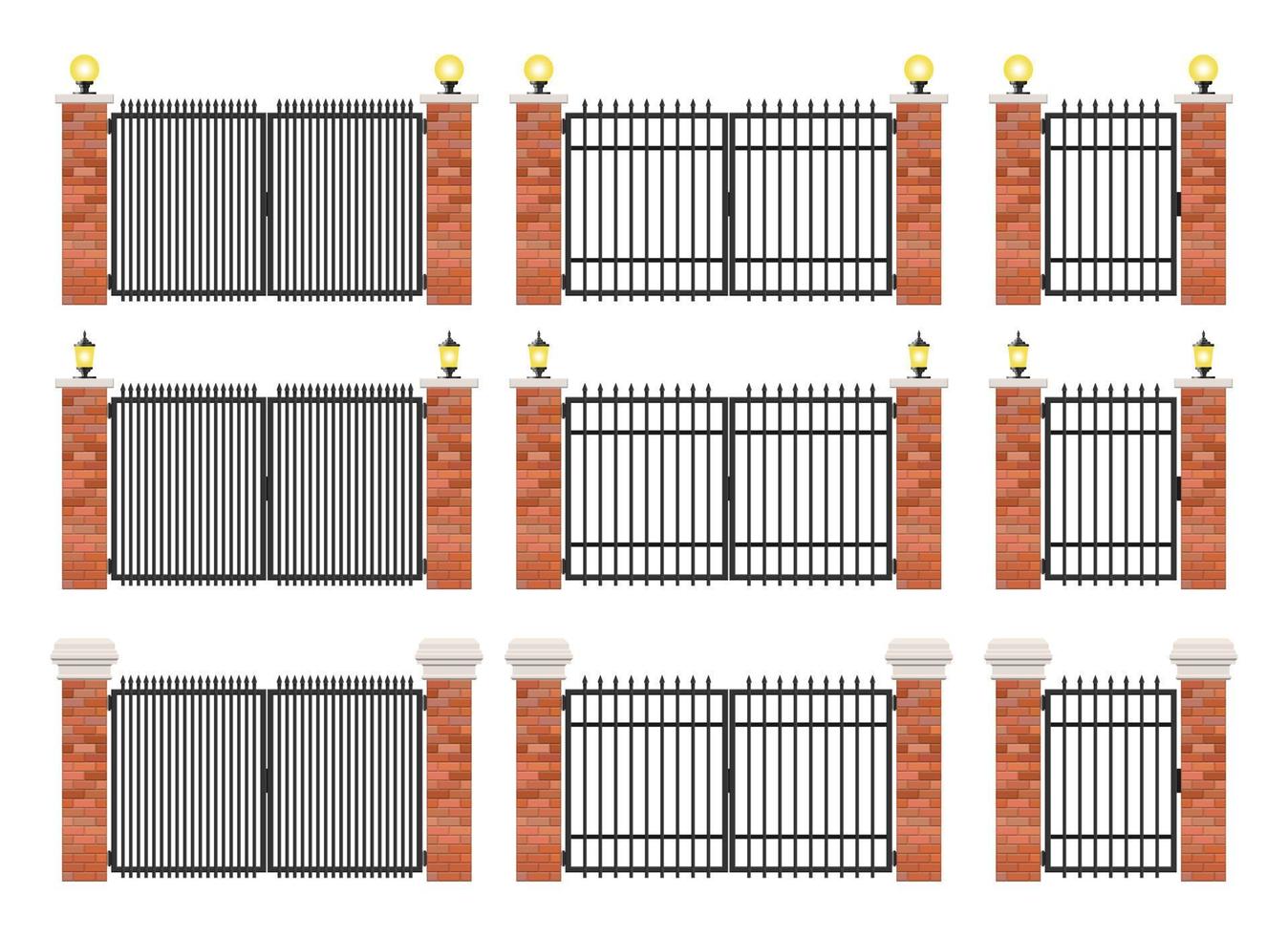 conjunto de portão de tijolo e aço isolado no fundo branco vetor