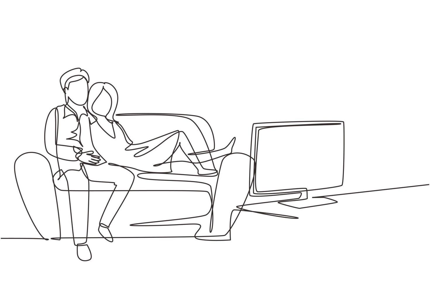 casal de desenho contínuo de uma linha assistindo tv juntos sentados no sofá. feliz homem e mulher relaxante na sala de estar. casal romântico se divertindo juntos. ilustração vetorial de desenho de linha única vetor