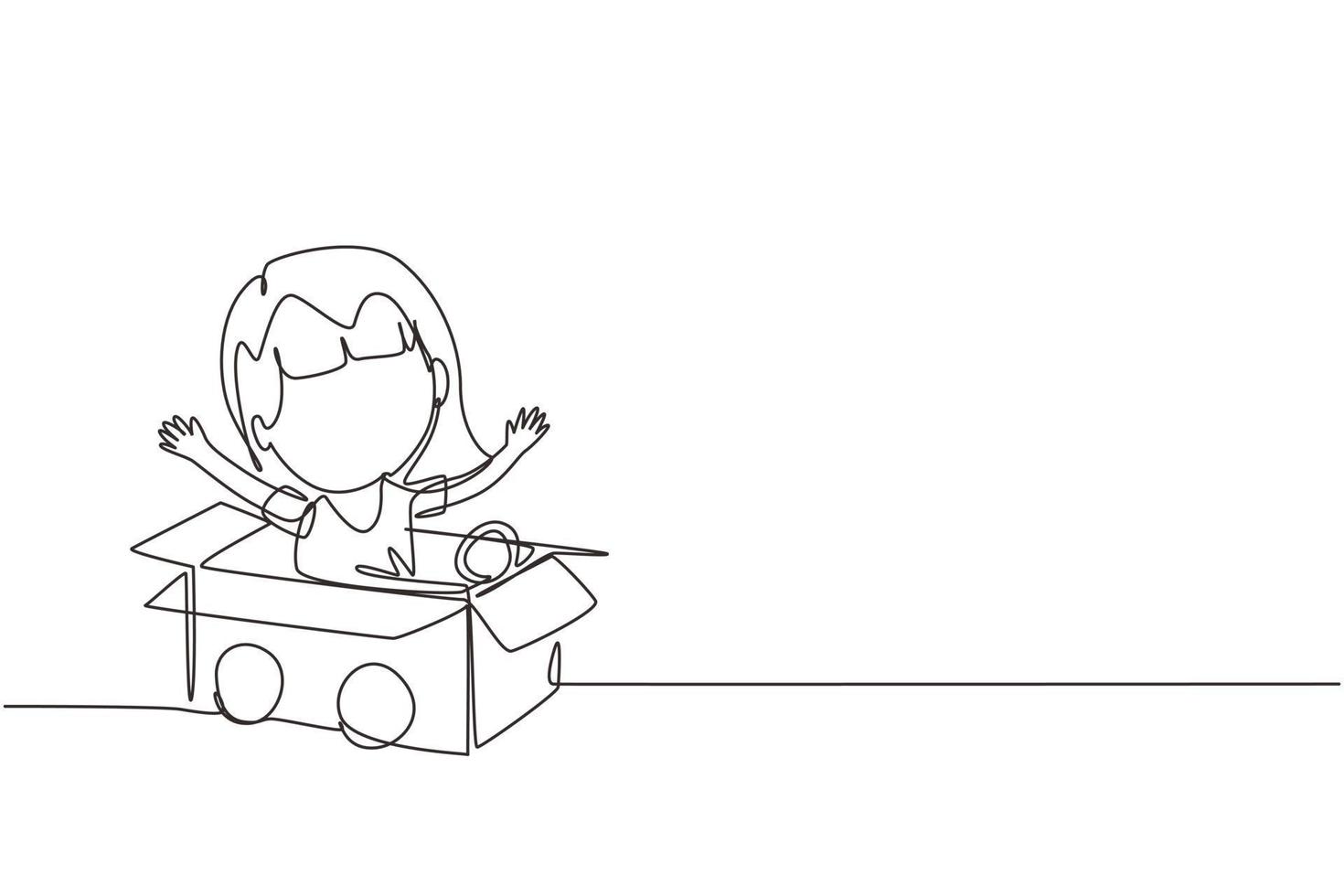 uma garota de desenho de linha contínua dirigindo carro de papelão. criança feliz passeio no carro de brinquedo feito de papelão. crianças criativas brincam com seu carro de papelão. ilustração gráfica de vetor de desenho de linha única