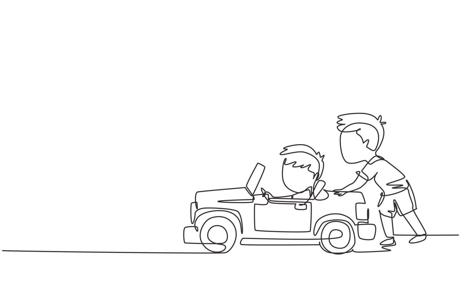 desenho de uma linha contínua um menino está empurrando o carro de seu amigo na estrada. as crianças brincam com o carro de brinquedo grande juntos. irmão se divertindo no quintal. ilustração gráfica de vetor de desenho de desenho de linha única