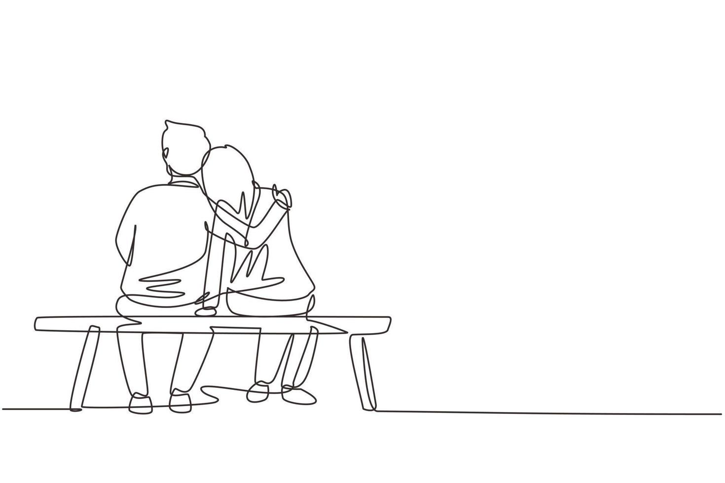 uma linha contínua desenhando casal romântico conversando e abraçando enquanto está sentado no banco. casal feliz se preparando para o casamento. noivado e relacionamento amoroso. gráfico de vetor de design de desenho de linha única