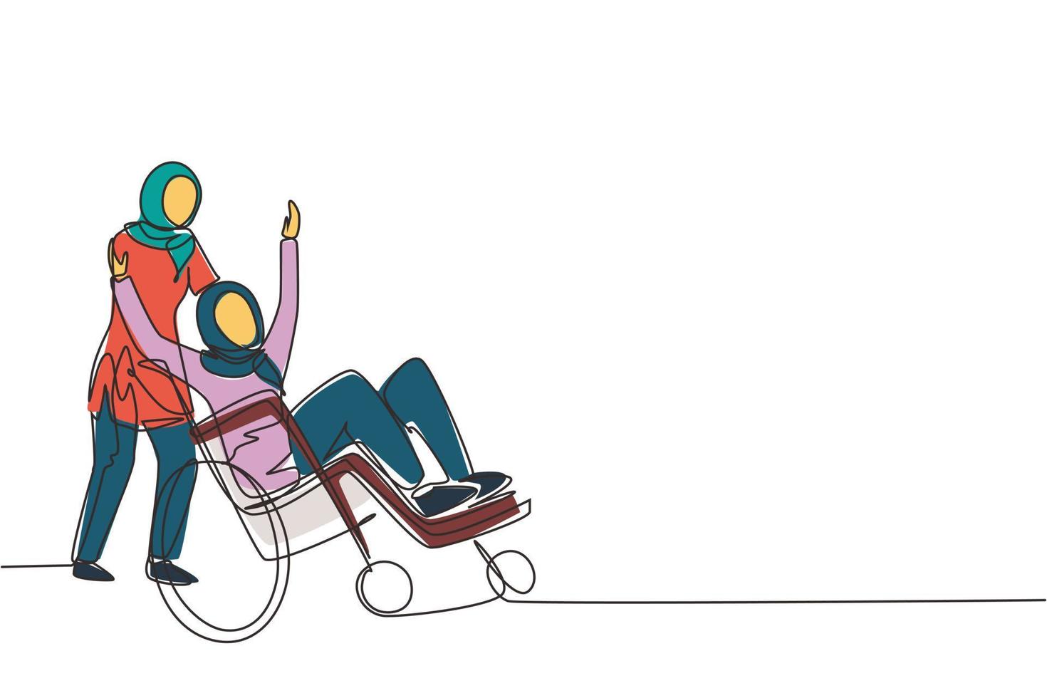 única linha contínua desenho jovem voluntário feminino árabe ajuda a velha com deficiência, andando na cadeira de rodas no parque. cuidados familiares, voluntariado, cuidados com deficiência. ilustração vetorial de design de desenho de uma linha vetor