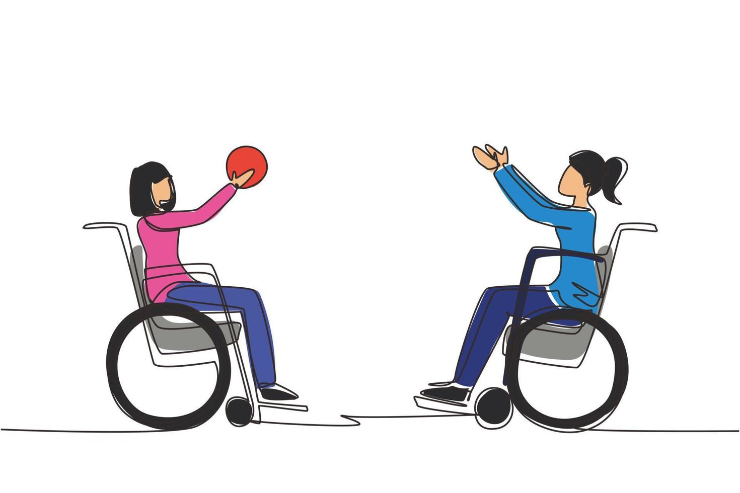 única linha de desenho alegre jovem com deficiência em cadeira de rodas jogando basquete. conceito de esportes adaptativos para pessoas com deficiência. ilustração em vetor gráfico de desenho de linha contínua moderna