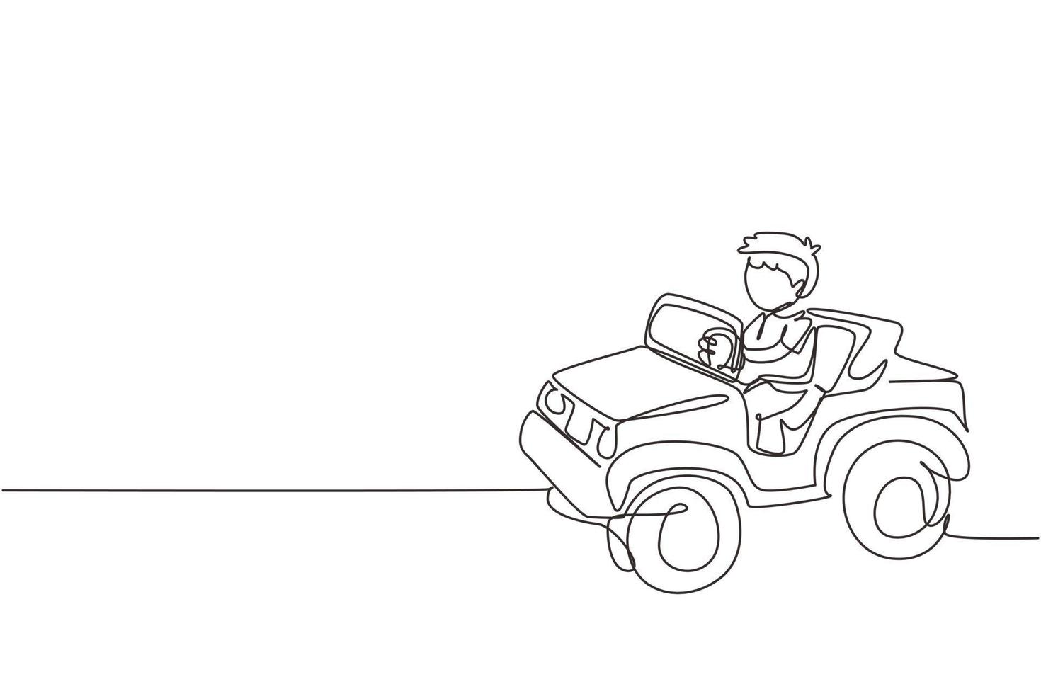 único menino de desenho de linha dirigindo carro, criança feliz e fofa. menino bonitinho sorrindo feliz dirigindo carro de brinquedo. viagem infantil em carro pequeno. ilustração em vetor gráfico de desenho de linha contínua moderna