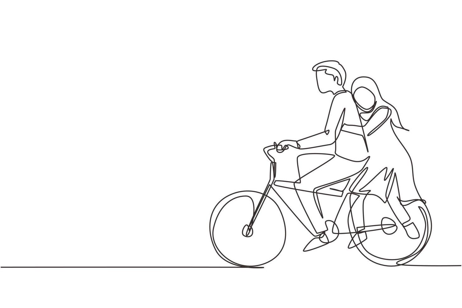 contínua uma linha de desenho romântico casal árabe andando de bicicleta juntos. conceito de família romântica feliz. intimidade comemora aniversário de casamento. ilustração gráfica de vetor de desenho de linha única