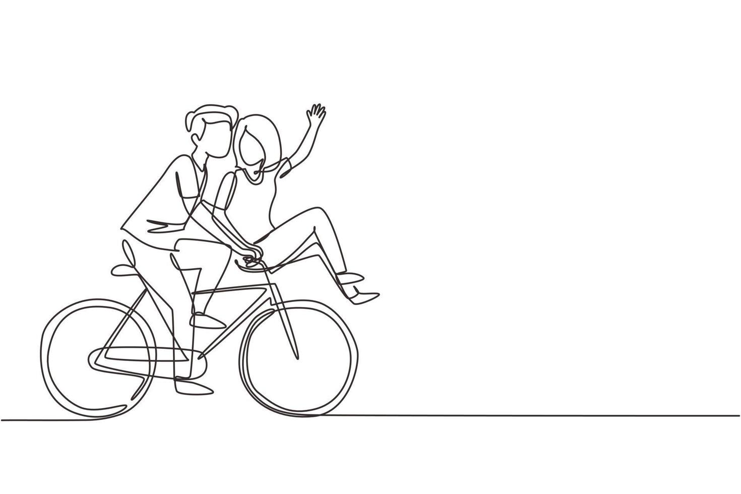 único desenho de uma linha casal romântico fofo no encontro andando de bicicleta. jovem e mulher apaixonada. casal feliz pedalando juntos. ilustração em vetor gráfico de desenho de linha contínua moderna