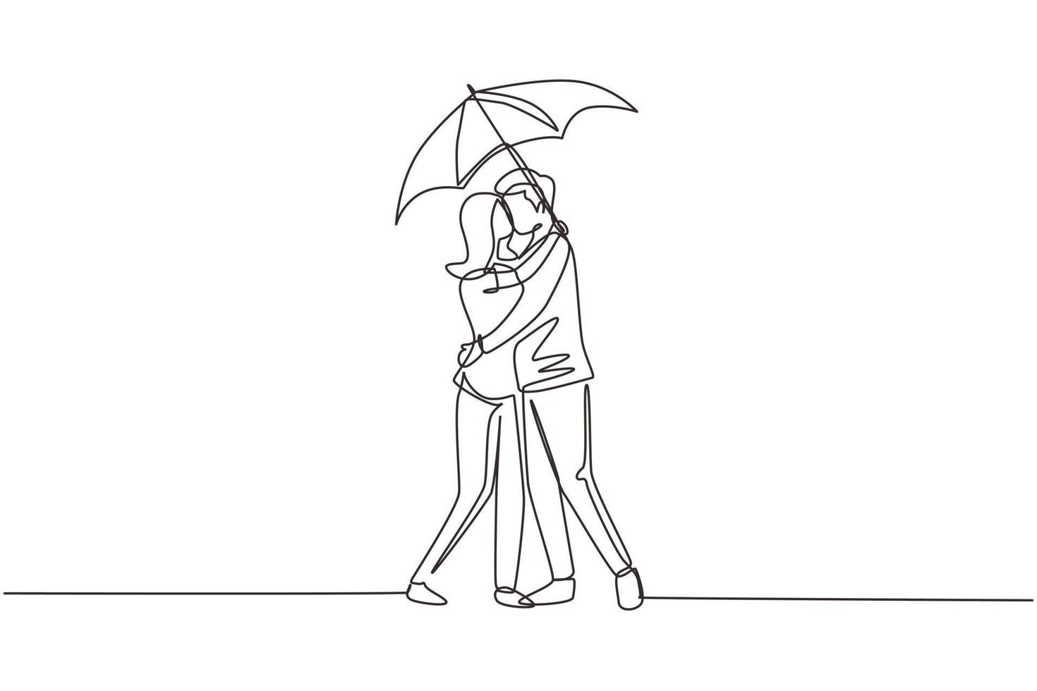 única linha contínua desenho mulher e homem sob o guarda-chuva ficam na chuva e se beijam. amantes do jovem casal se beijando. feliz menino e menina namorando em dia chuvoso. design gráfico de desenho dinâmico de uma linha vetor