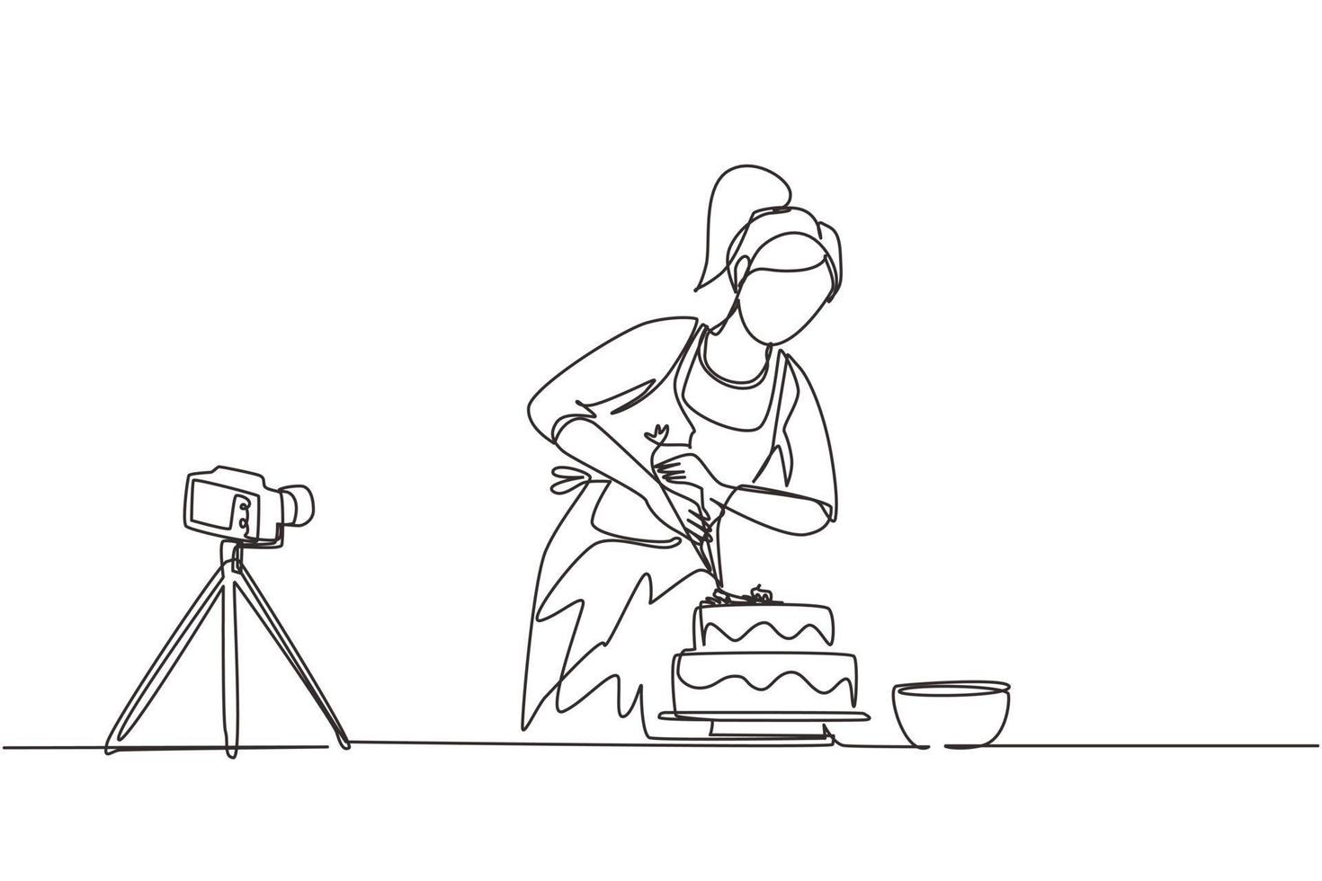 única garota de desenho de linha contínua assando e decorando bolo na cozinha. mulher blogueira gravando vídeo na câmera, usando tripé, postando nas mídias sociais. ilustração vetorial de design de desenho de uma linha vetor