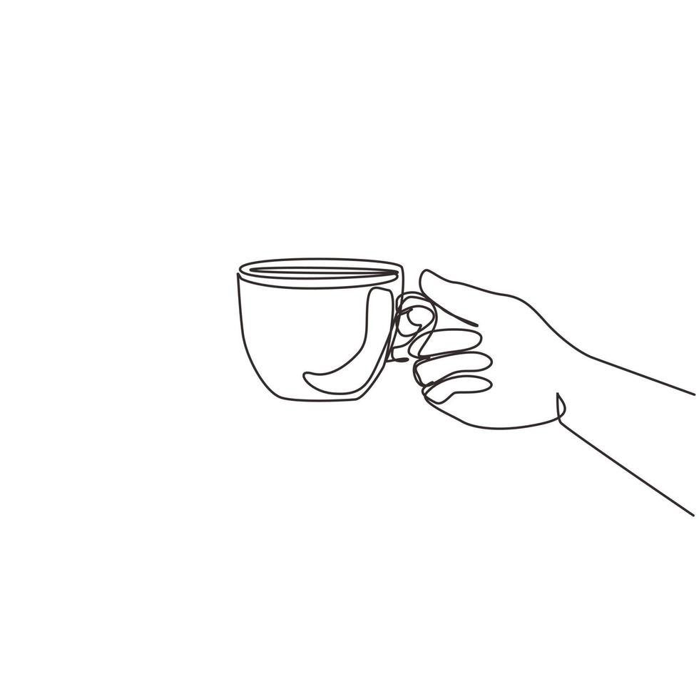 mão contínua de desenho de uma linha segurando uma xícara de café quente com vapor, empresário quer beber café, quebrar o conceito de banner do horário da manhã, ícone elegante. ilustração vetorial de desenho de linha única vetor