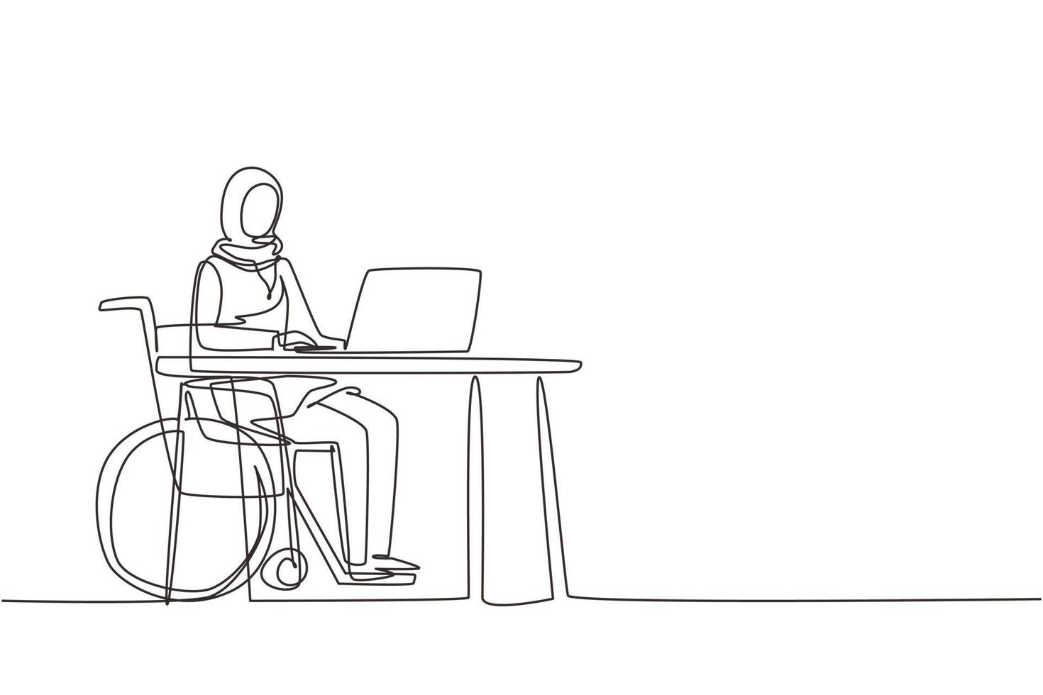 desenho de uma linha contínua jovem árabe usa cadeira de rodas, trabalhando com computador no escritório. trabalho on-line e inicialização. deficiência física e sociedade. ilustração vetorial de desenho de linha única vetor