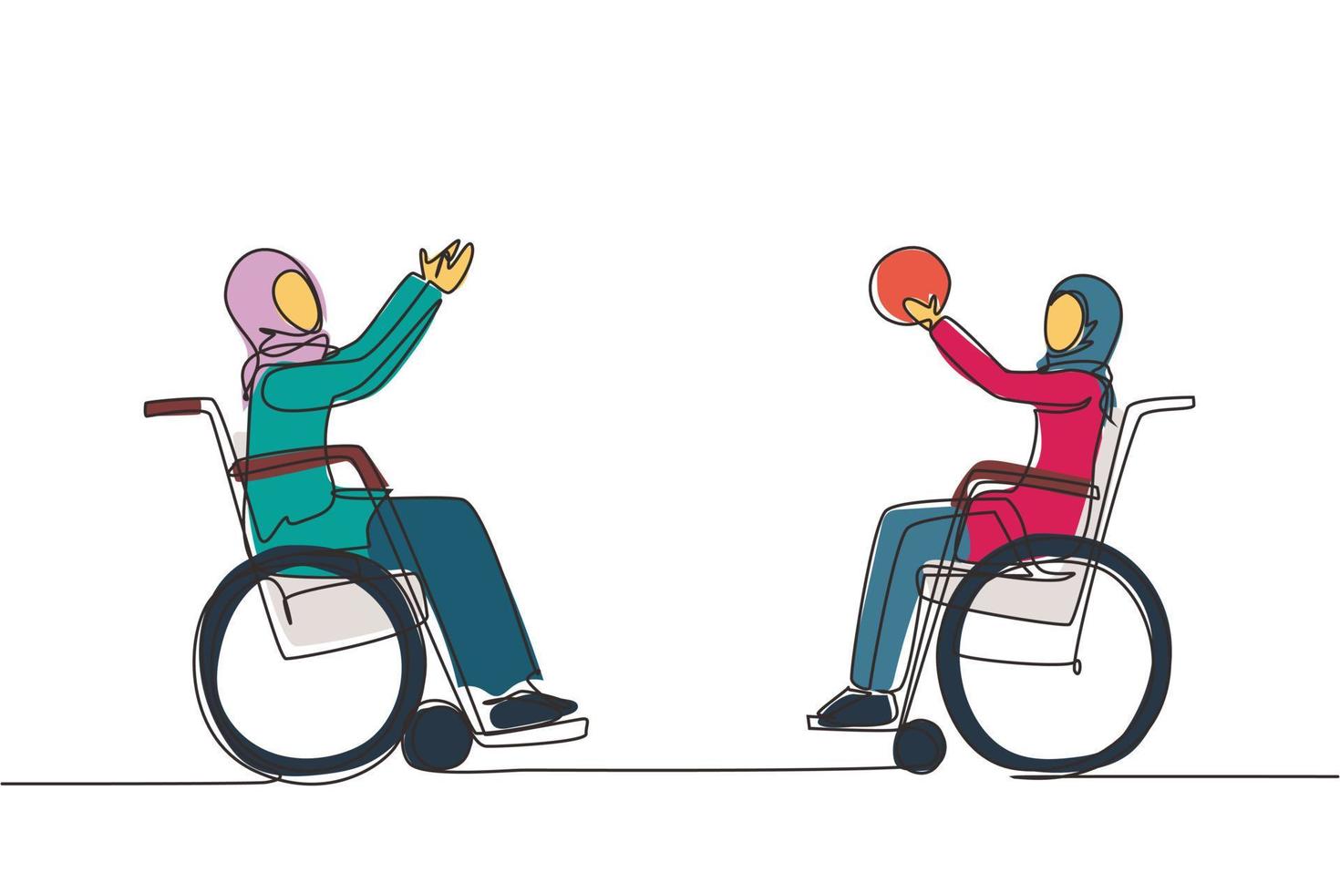 contínua uma linha desenho alegre jovem árabe deficiente em cadeira de rodas jogando basquete. conceito de esportes adaptativos para pessoas com deficiência. ilustração gráfica de vetor de desenho de linha única