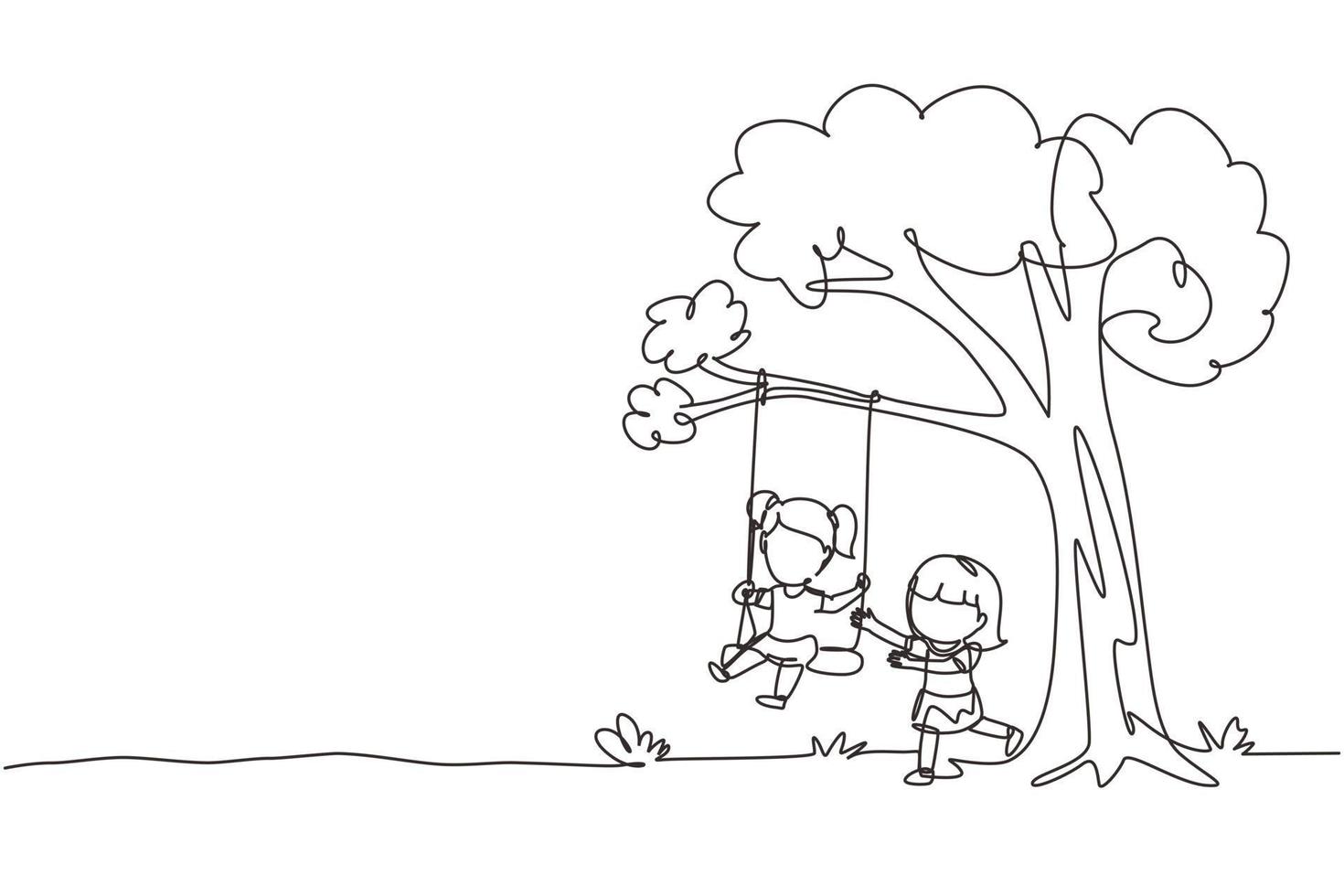 único desenho de uma linha feliz duas meninas brincando no balanço da árvore. crianças alegres balançando debaixo de uma árvore. crianças brincando no playground. ilustração em vetor gráfico de desenho de linha contínua moderna
