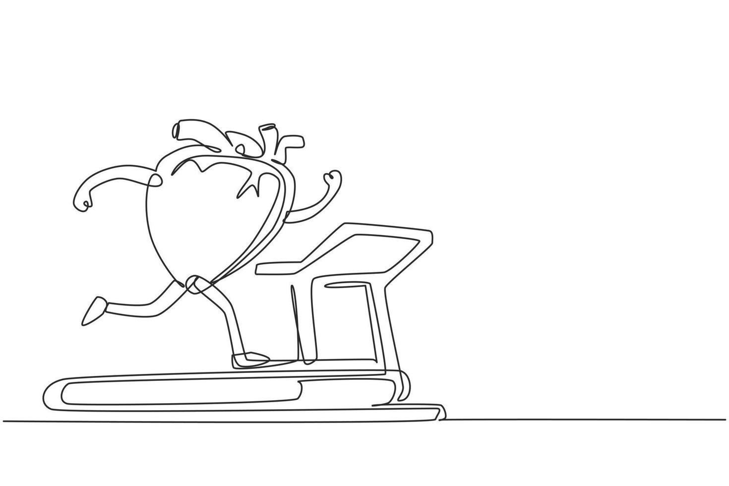 uma linha contínua desenhando órgão de coração engraçado bonito correndo na esteira. treino de órgão cardíaco, esporte, fitness, corrida cardio, conceito de personagem de resistência. ilustração gráfica de vetor de desenho de desenho de linha única