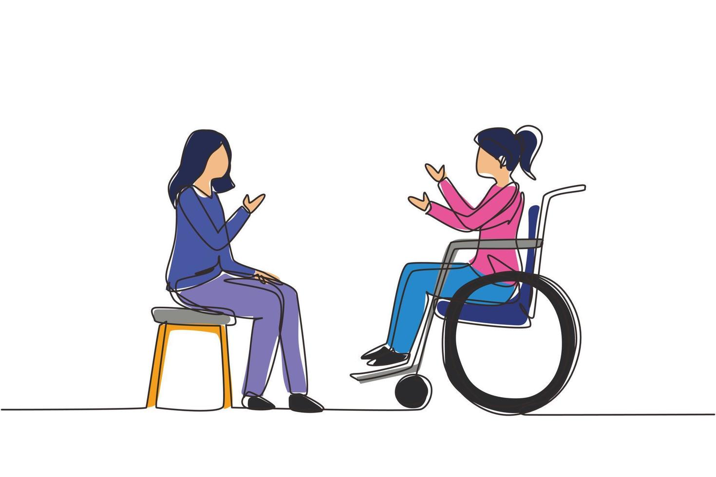 uma única linha desenhando duas pessoas sentadas conversando, uma usando cadeira e outra usando cadeira de rodas. mulher amigável estão conversando entre si, sociedade humana com deficiência. vetor de design de desenho de linha contínua