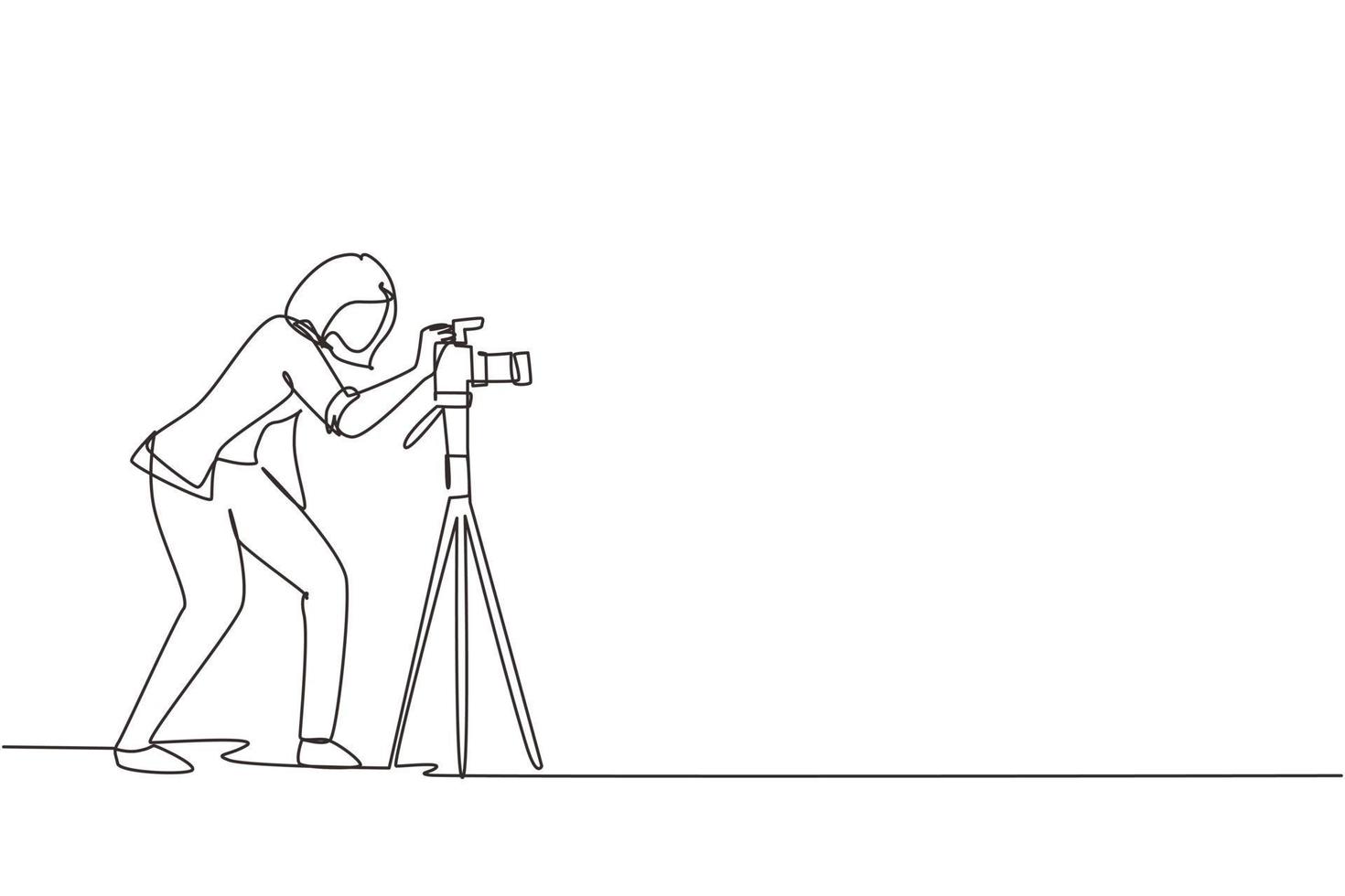único desenho de linha contínua super equipamento fotógrafo feminino, mulher segurando, apontando câmeras com tripé de pé, carregando acessórios para fotografar. ilustração vetorial de design de desenho de uma linha vetor