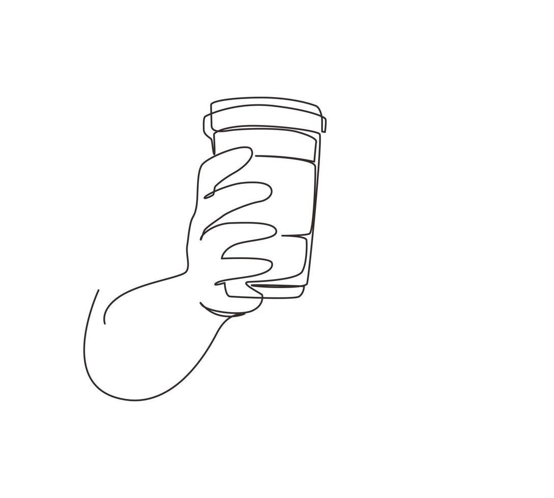 única mão de desenho de linha contínua segurando um copo de papel descartável de café ou chá quente. mão segurando a caneca reutilizável de chocolate quente. desperdício Zero. ilustração em vetor design gráfico de desenho de uma linha moderna