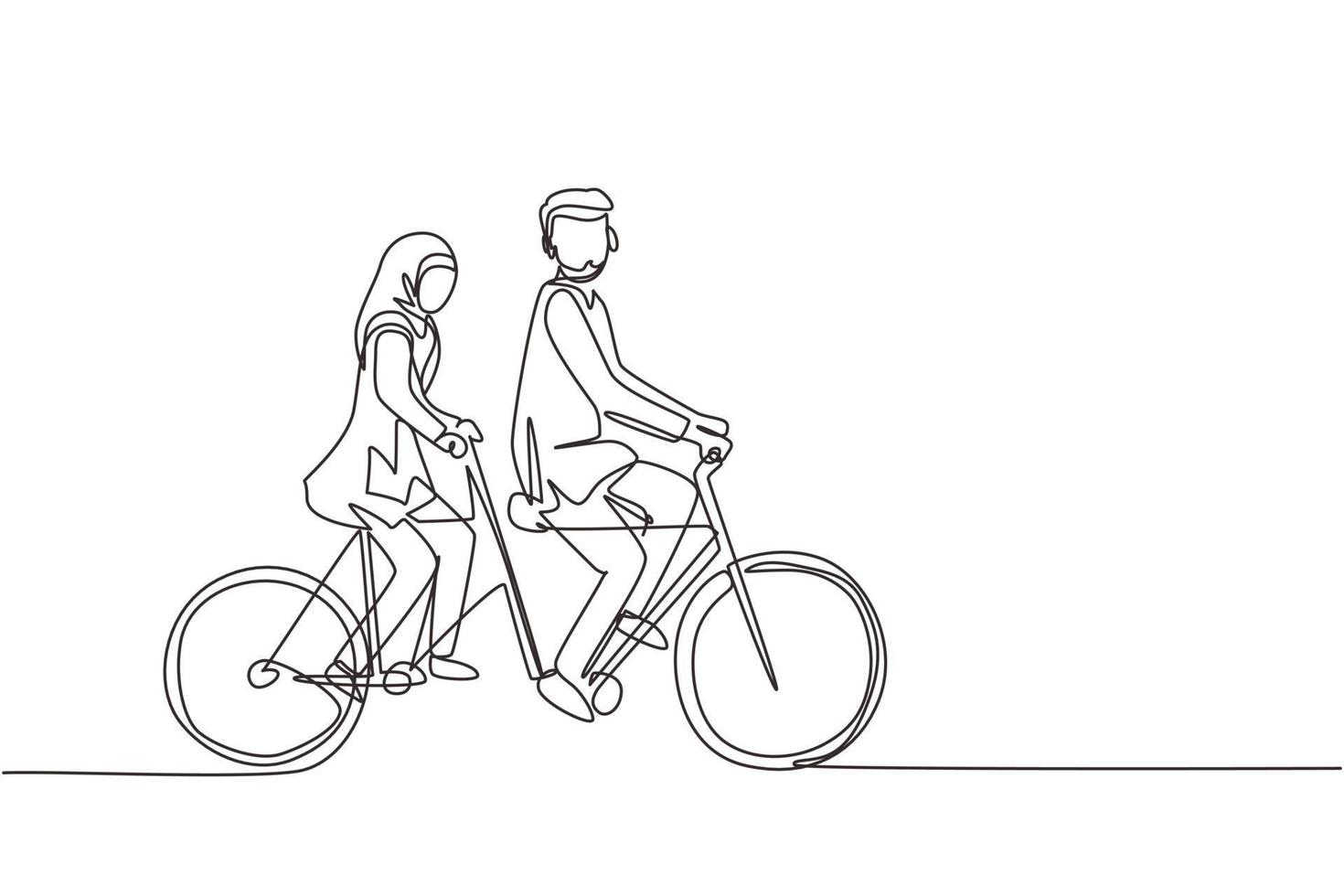 uma linha contínua desenhando casal árabe romântico. casal está andando de bicicleta em tandem juntos. família feliz. intimidade comemora aniversário de casamento. ilustração gráfica de vetor de desenho de linha única