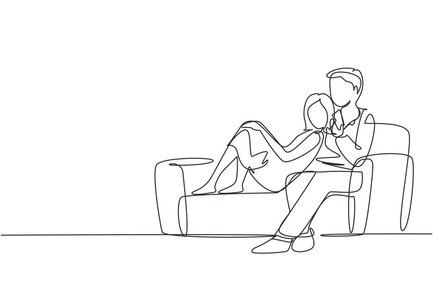 contínua uma linha desenho feliz homem mulher casal sentado e abraçando no sofá juntos. feliz homem e mulher relaxante na sala de estar. pessoas passando o tempo livre. gráfico de vetor de design de desenho de linha única