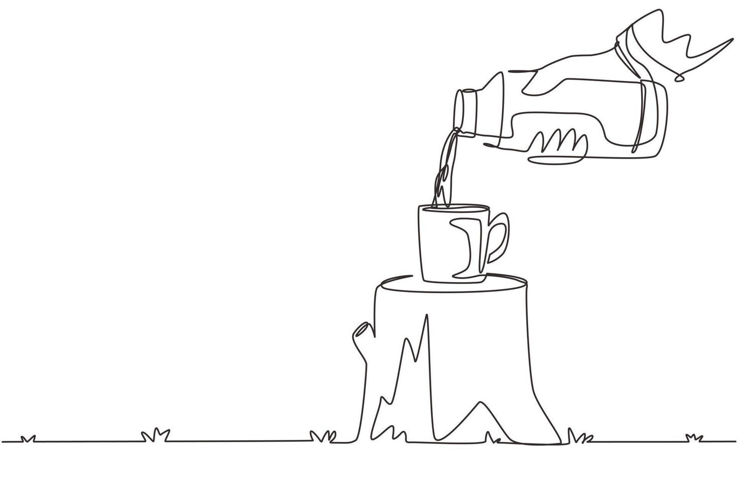 uma linha contínua desenhando a mão masculina derramando chá quente na caneca da garrafa térmica na floresta de inverno. bebida de aquecimento no tempo frio. caminhada, conceito de acampamento. ilustração gráfica de vetor de desenho de desenho de linha única