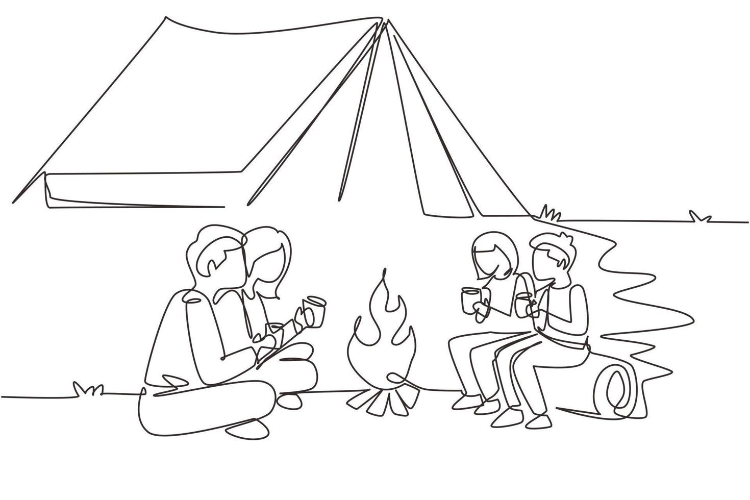 única linha contínua desenhando família feliz acampando com fogueira e bebendo chá quente. crianças sentadas em troncos, pai mãe sentado no chão na floresta. natureza selvagem. ilustração vetorial de design de desenho de uma linha vetor