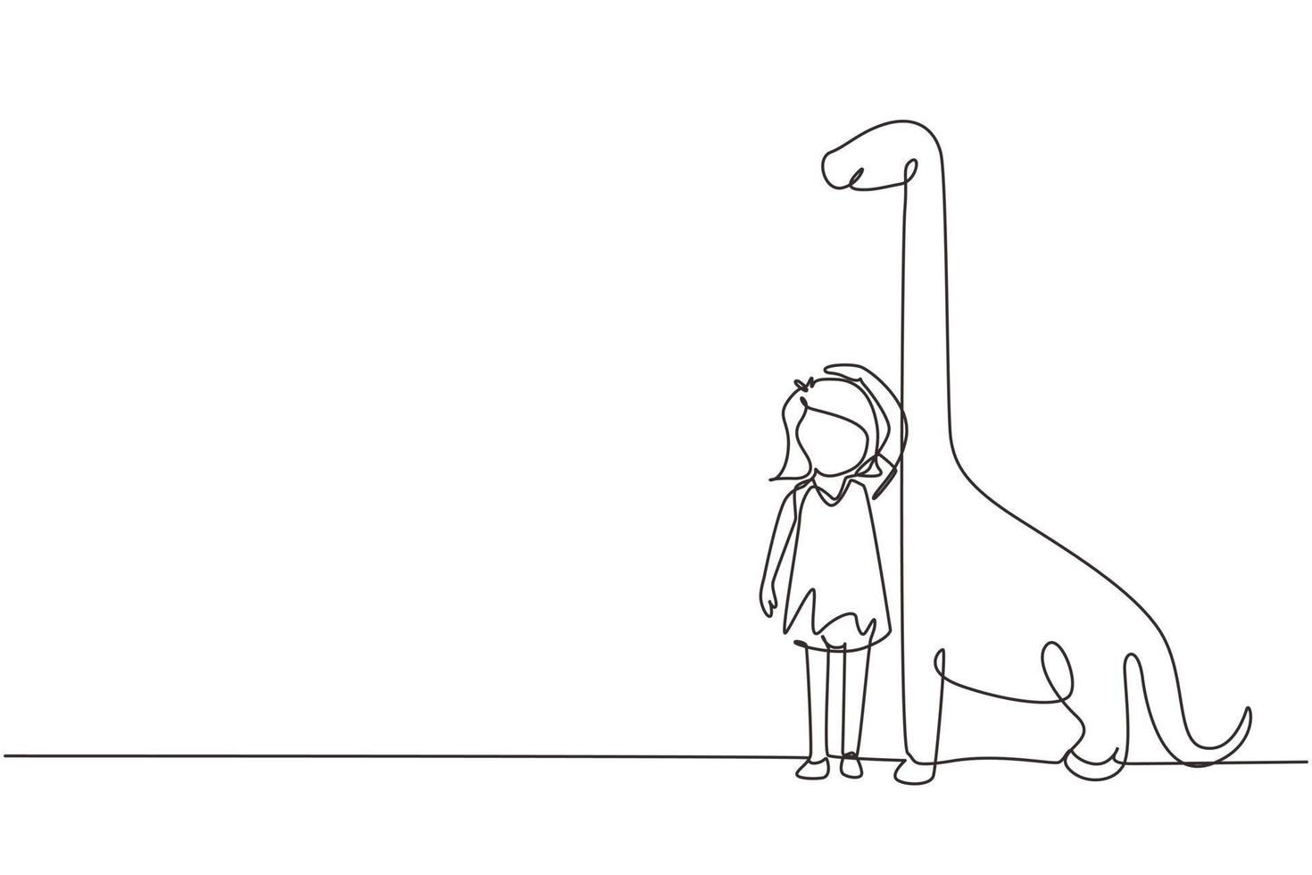 única menina de desenho de uma linha medindo sua altura com gráfico de altura de brontossauro na parede. criança mede o crescimento. criança medindo a altura. ilustração em vetor gráfico de desenho de linha contínua