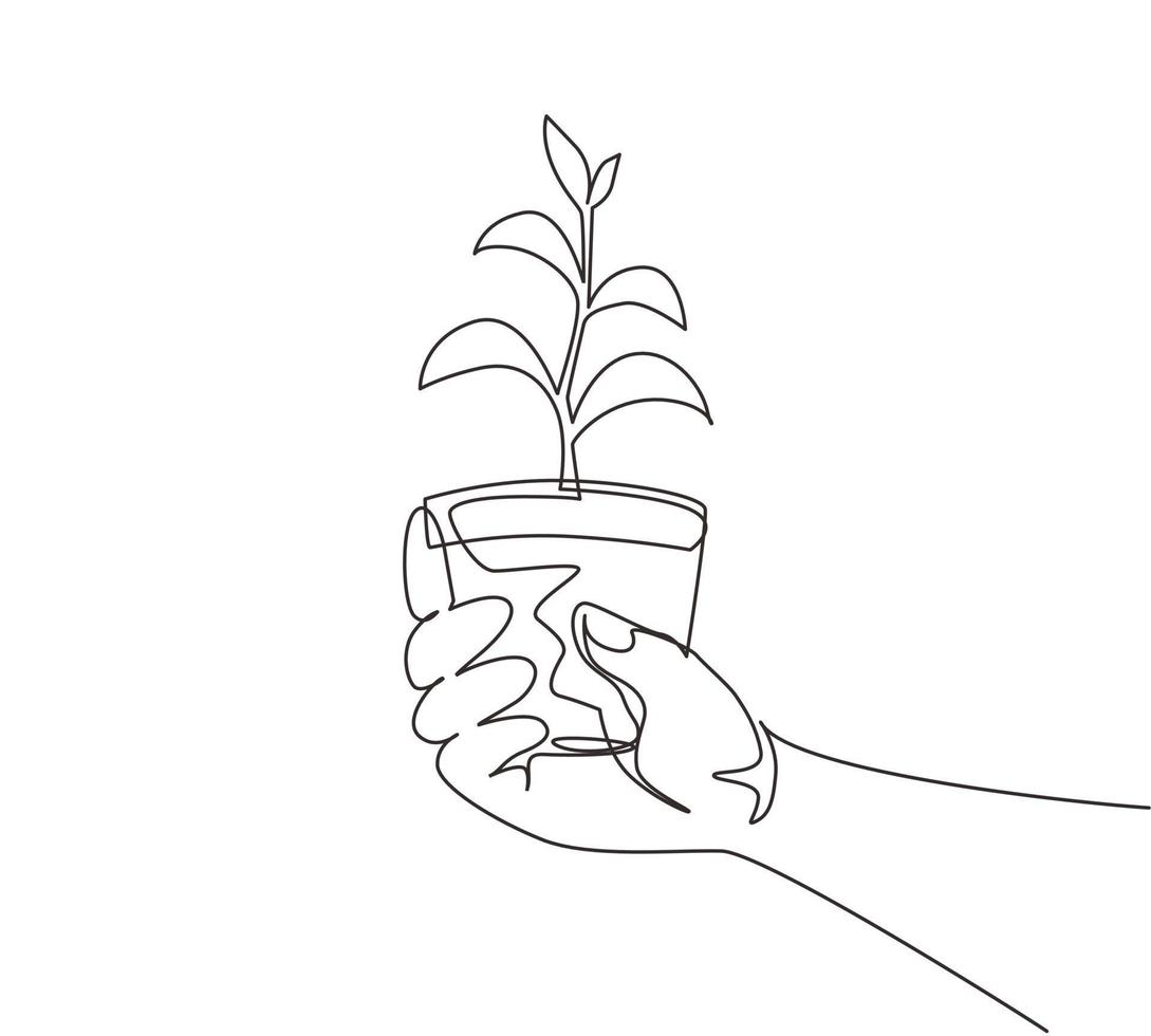 agrônomo de desenho contínuo de uma linha segurando mudas em vasos de turfa. mãos femininas tocando as plantas para plantar árvores. o plantio da primavera. ilustração gráfica de vetor de desenho de linha única