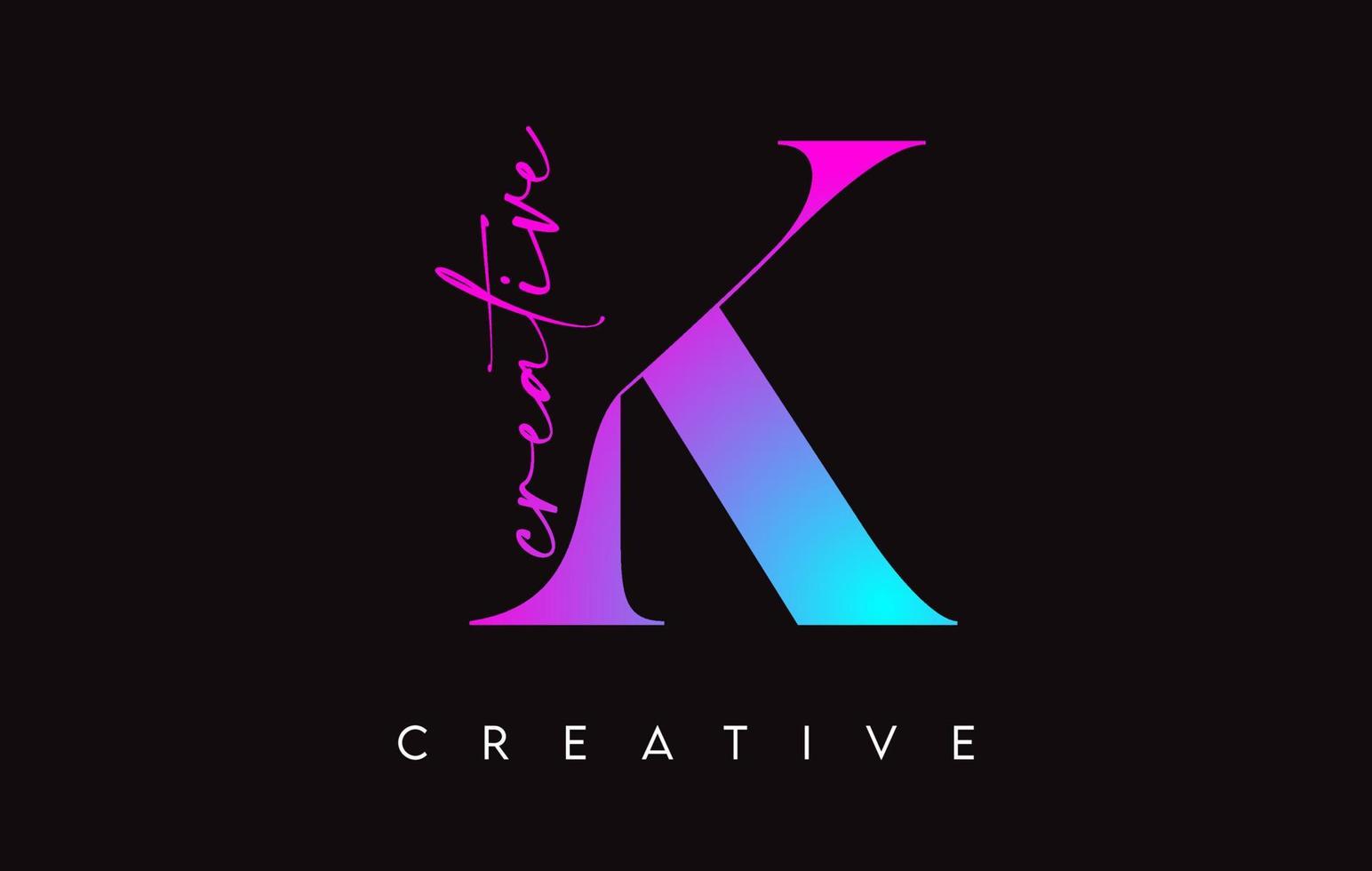 design de letra k com corte criativo e fonte serifada em cores azuis roxas vetor