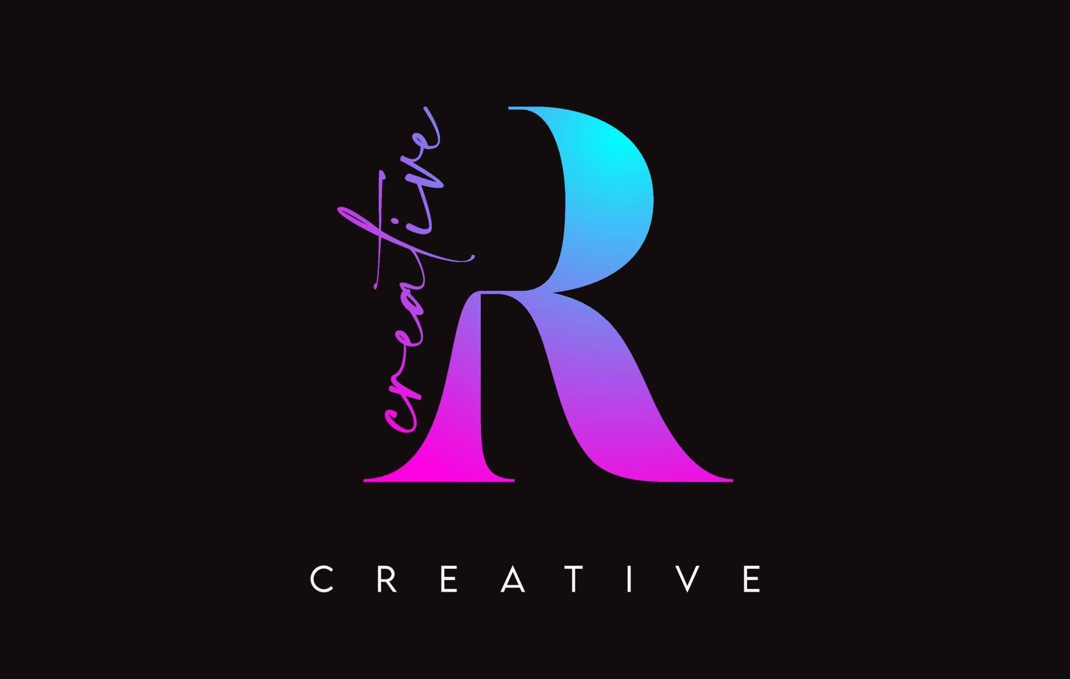 design de letra r com corte criativo e fonte serifada em cores azuis roxas vetor